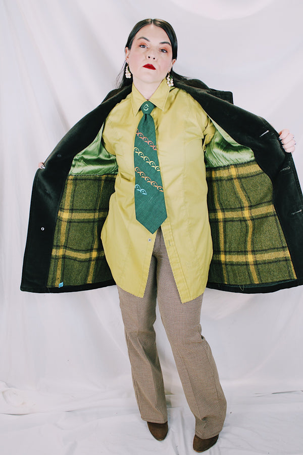 Men's or women's vintage 1970's The Country Coat, Sears The Men's Store label long sleeve dark brown colored jacker in corduroy material with double lapel and leather buttons.