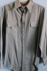 Men's 1950's San Francisco Shirt Shop, Big Kearney St., San Francisco CA. label long sleeve button up shirt in tan color with lighter tan buttons