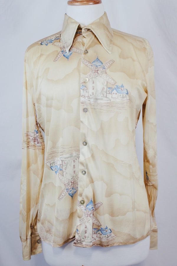 Men's or women's vintage 1970's Gold Mine label long sleeve cream colored button up shirt with an all over windmill print in a slinky polyester material.