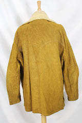 Men's or women's vintage 1960's Jo-O-Kay, Fashions in Leather by Corral Sportswear CO. label long sleeve tan brown suede jacket with cream shearling liner. 
