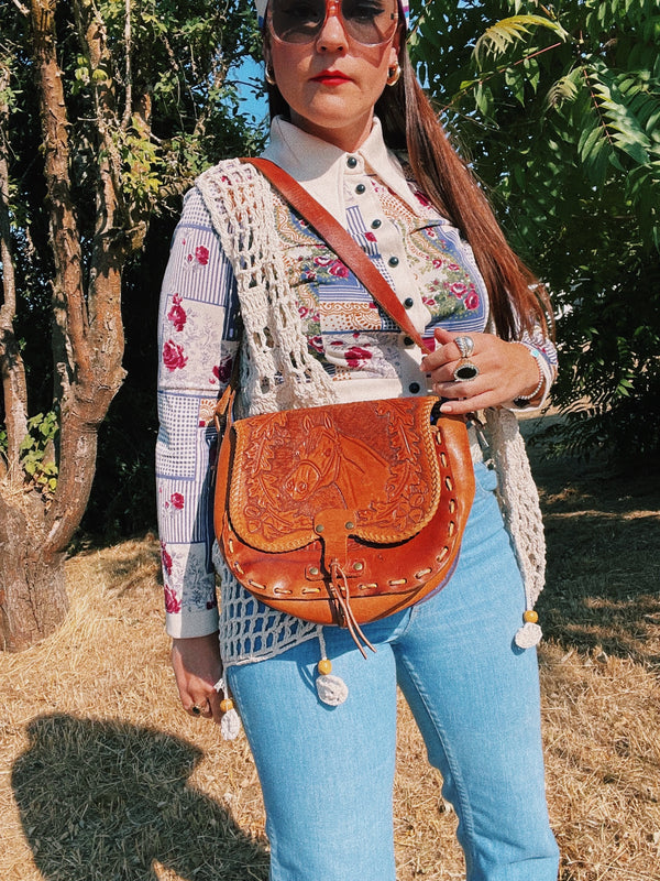 brown leather tooled crossbody purse with horse design vintage 