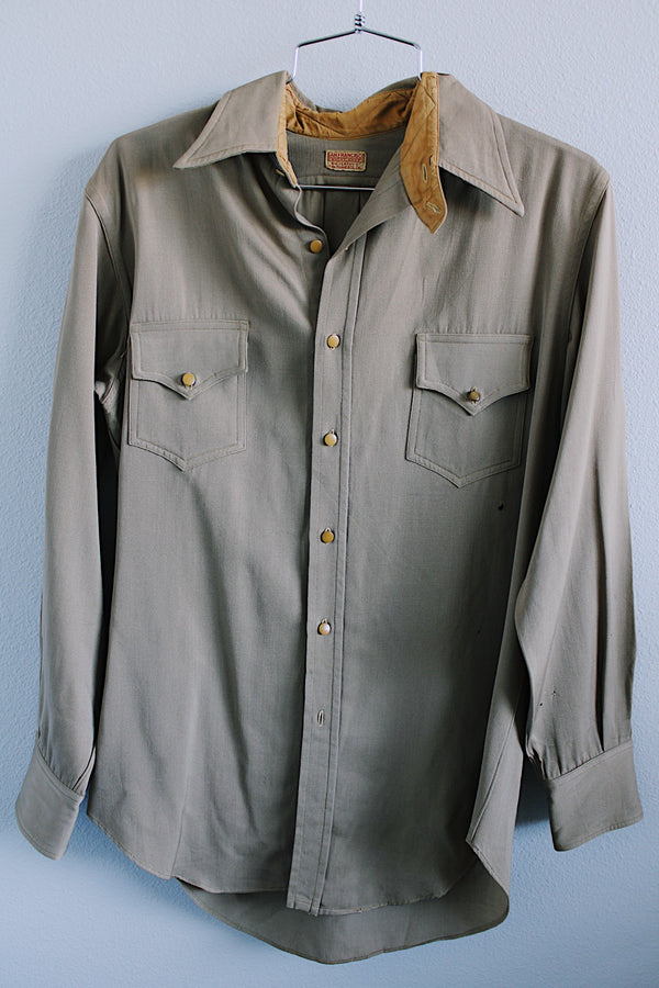 Men's 1950's San Francisco Shirt Shop, Big Kearney St., San Francisco CA. label long sleeve button up shirt in tan color with lighter tan buttons