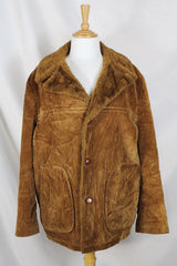 Men's or women's vintage 1970's Towncraft Penneys label long sleeve brown colored corduroy jacket with faux fur trim and liner.