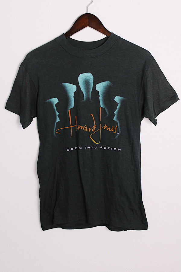 Women's or men's vintage 1985 Star Prints, Made in USA label short sleeve black Howard Jones Band tour tee with graphic on front and back in a cotton material.