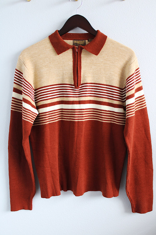 Men's or women's vintage 1970's Heywood House label long sleeve pullover sweater with a collar and half zip closure in a burnt orange and tan colors. 
