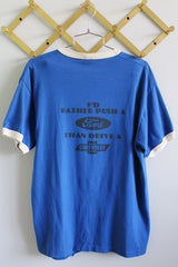 Women's or men's vintage 1970's made in USA blue short sleeve t-shirt with white ribbed trim and large Hot Rod Cafe graphic on the front.