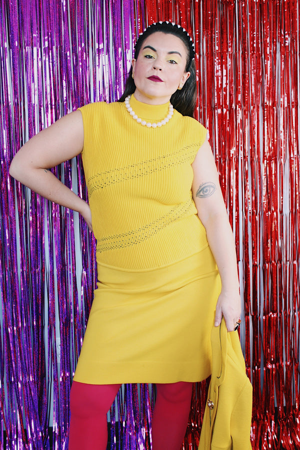 Women's 1960's St. Andrews Imports LTD., Made in Hong Kong label three piece matching set in bright yellow wool material. 