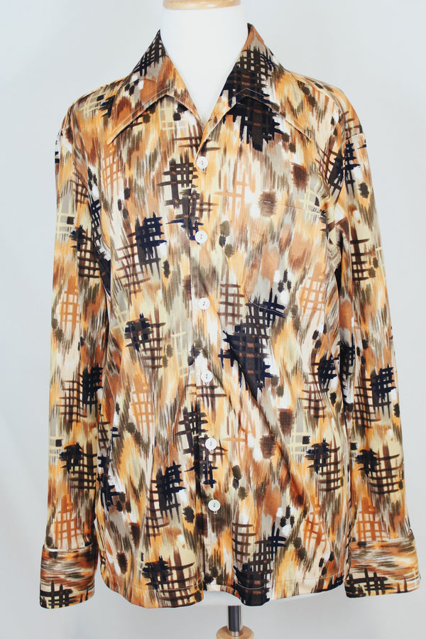 Men's vintage 1970's D'Avila label long sleeve button up shirt in all over abstract orange and green abstract print in slinky polyester material. 