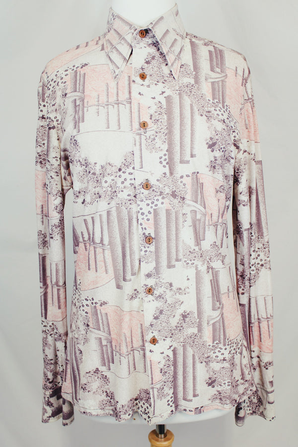 Women's or men's vintage 1970's Scene 3 by Da Vinci label long sleeve slinky polyester material button up shirt with a novelty print in white, grey, and light pink. 