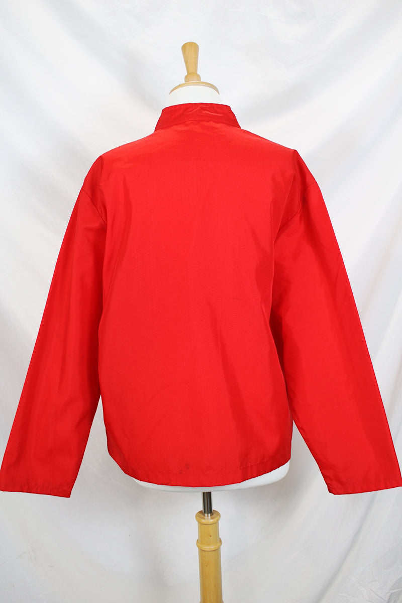 Men's or women's vintage 1970's Sears Sportswear, For Pool Beach and Patio label long sleeve red nylon windbreaker jacket with two white stripes in the front.