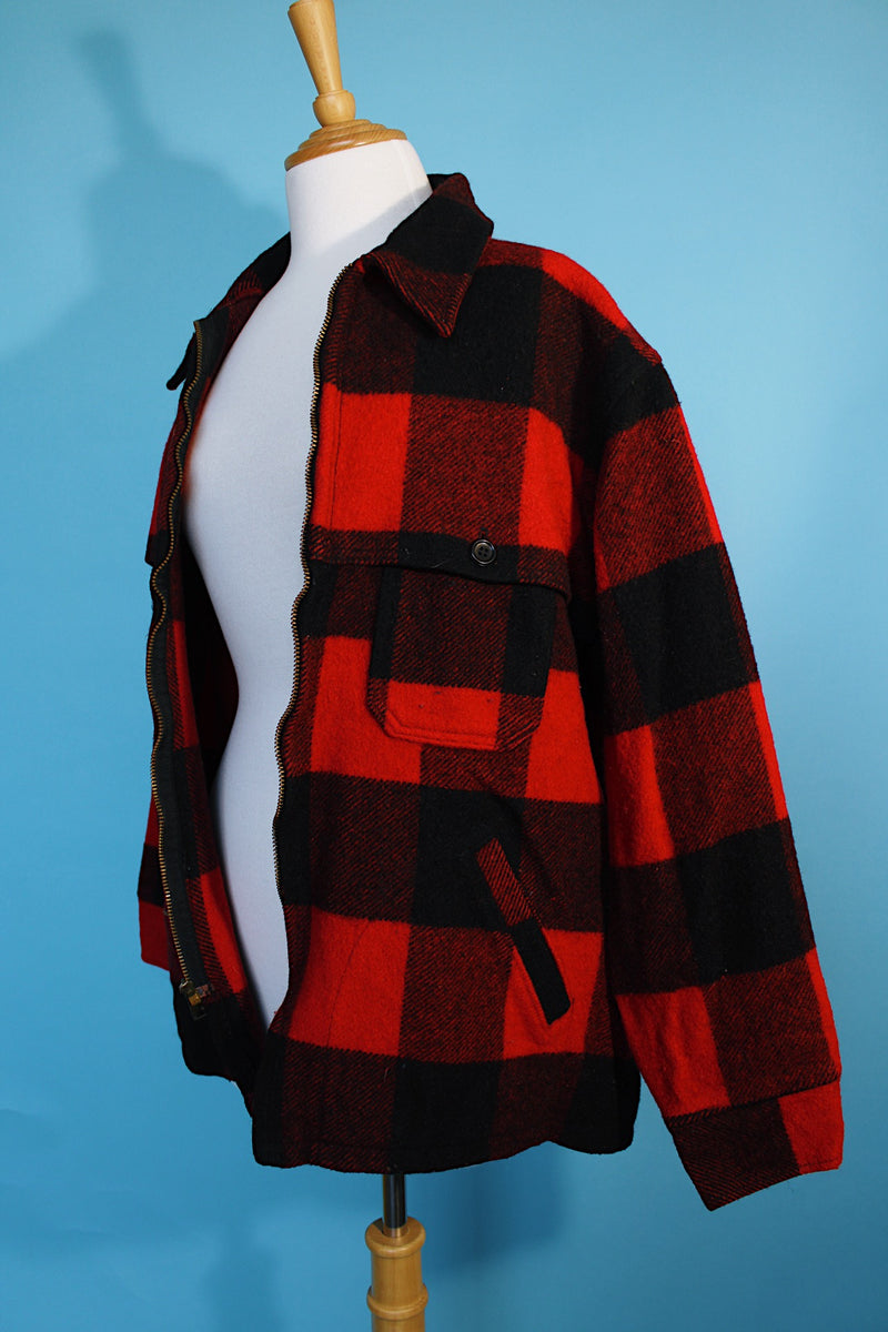 Women's or men's vintage 1960's Woolrich label long sleeve red and black buffalo plaid zip up shacket.