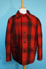 Men's vintage 1970's Sheraton Sportswear label long sleeve black and red buffalo plaid wool shacket.