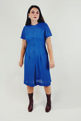 vintage 1960's short sleeve midi dress bright blue lace like material front