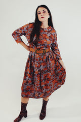 Vintage brown and orange floral printed midi dress 3/4 sleeves small collar front