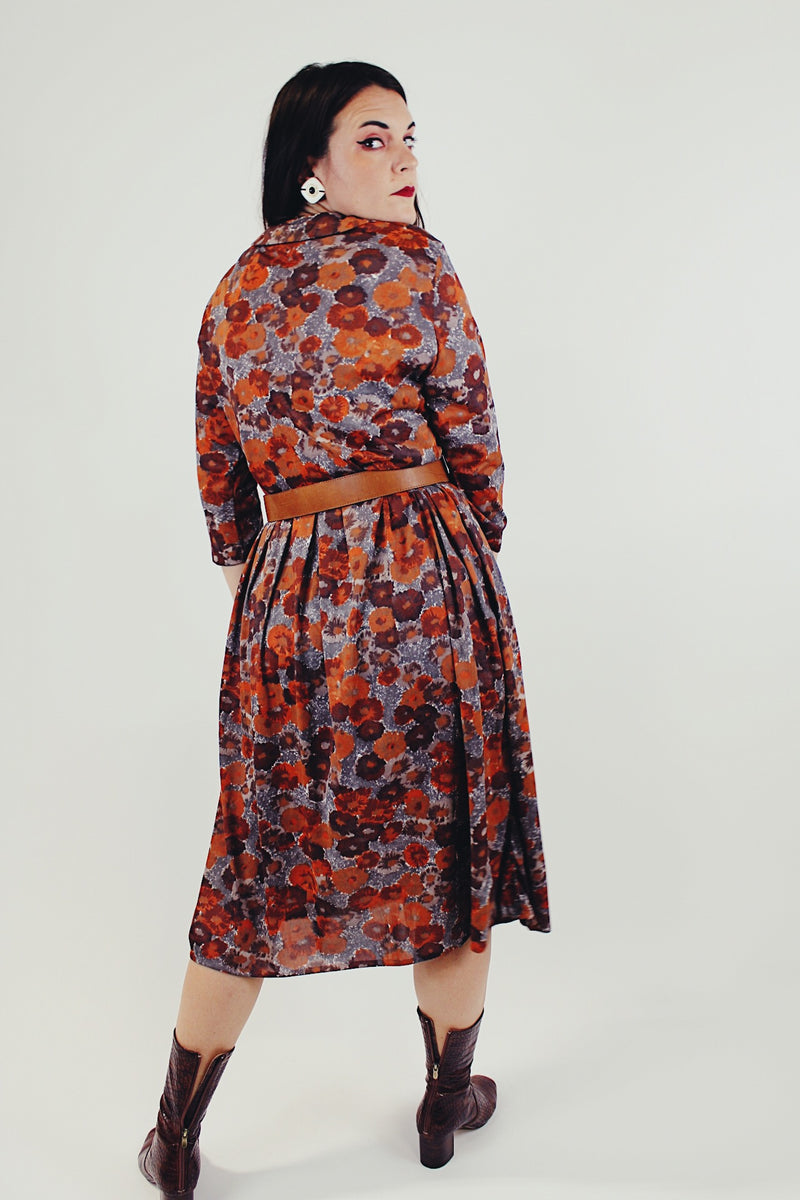 Vintage brown and orange floral printed midi dress 3/4 sleeves small collar back