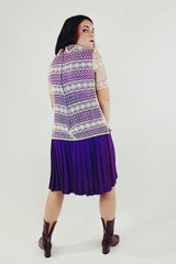 vintage 1960's pleated drop waist dress with embroidered top half and front tie purple back
