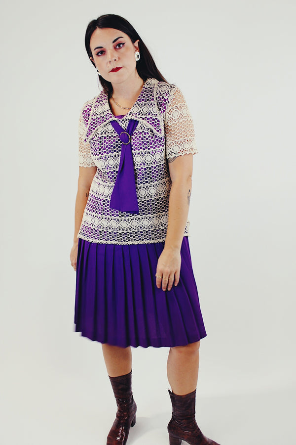 vintage 1960's pleated drop waist dress with embroidered top half and front tie purple 