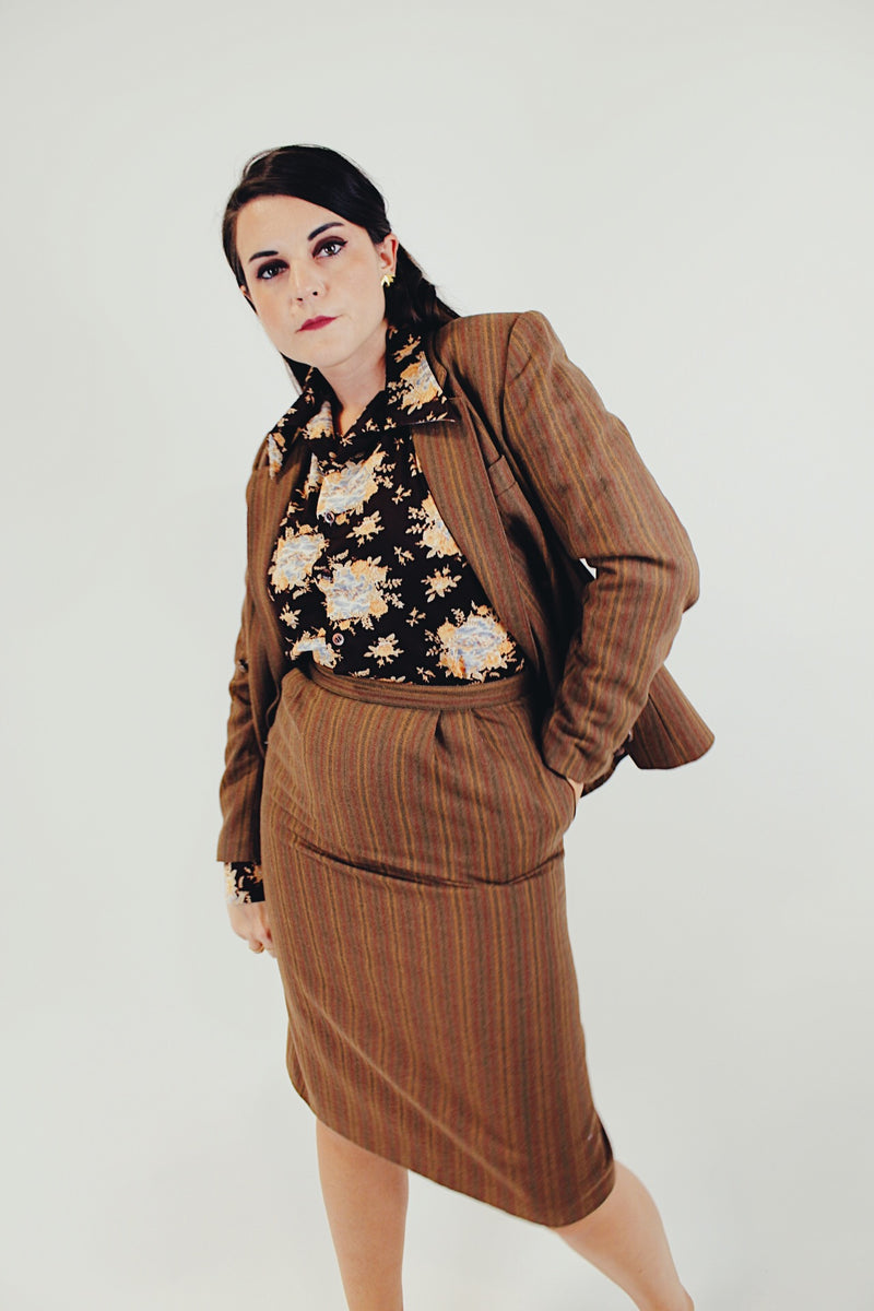 brown wool pin striped double breasted blazer and high waist midi skirt matching set side