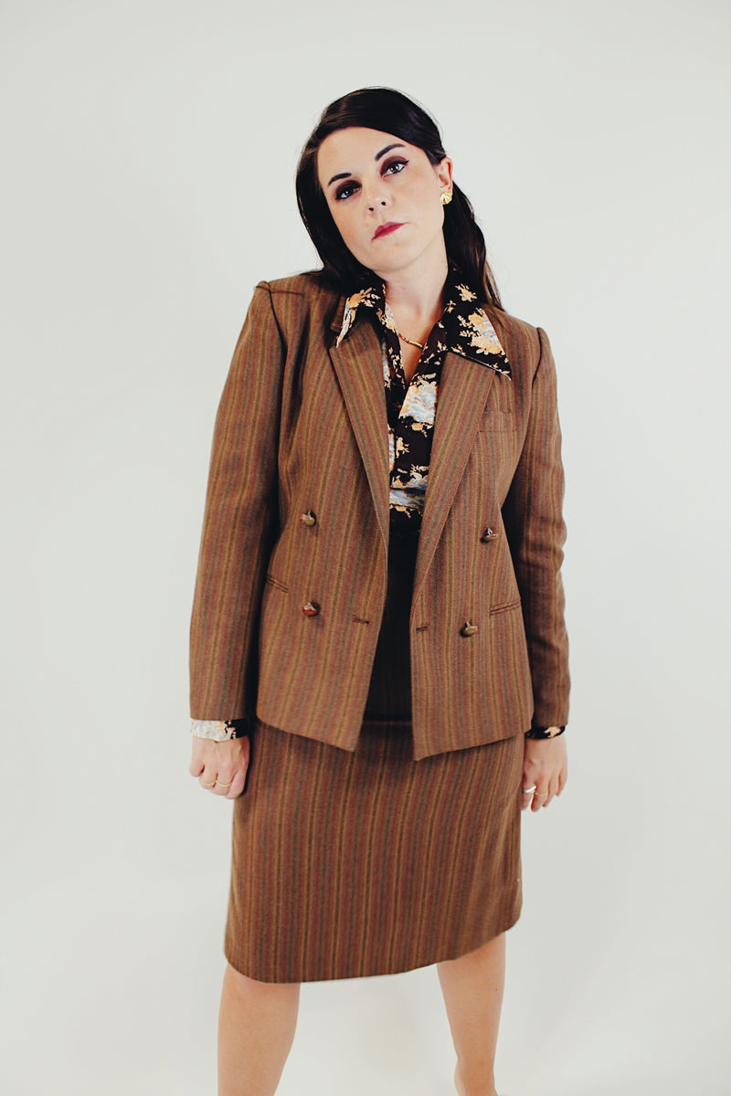 brown wool pin striped double breasted blazer and high waist midi skirt matching set front 