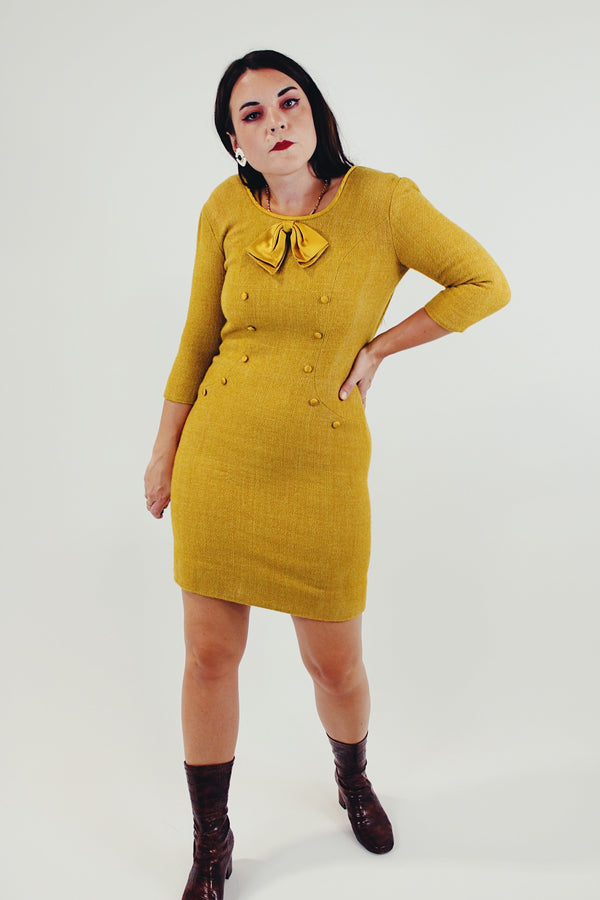 vintage mustard yellow wool mini dress with satin bow and buttons 3/4 length sleeve front