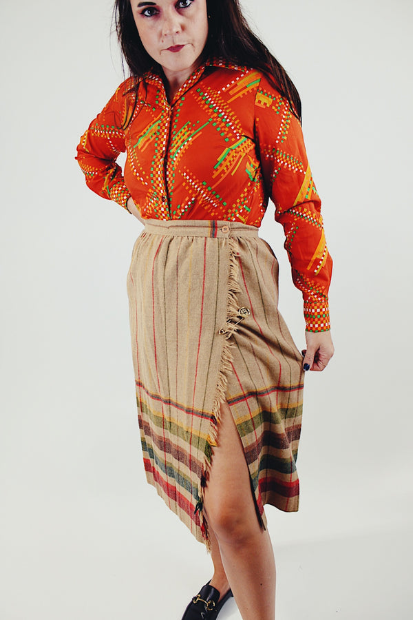 vintage camel wool wrap skirt with fringe and stripes and pin side