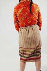 vintage camel wool wrap skirt with fringe and stripes and pin back