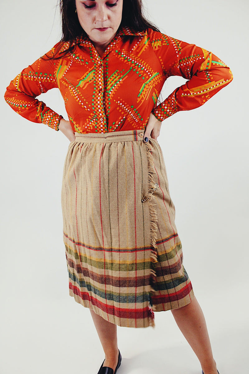 vintage camel wool wrap skirt with fringe and stripes and pin front