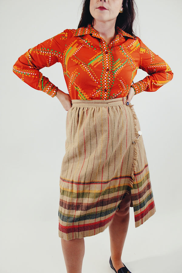vintage camel wool wrap skirt with fringe and stripes and pin front