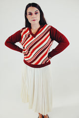 vintage maroon long sleeve pullover sweater with v-neck and stripes front