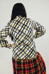 vintage long sleeve button up blouse with pointy collar white with yellow grey and black striped pattern back