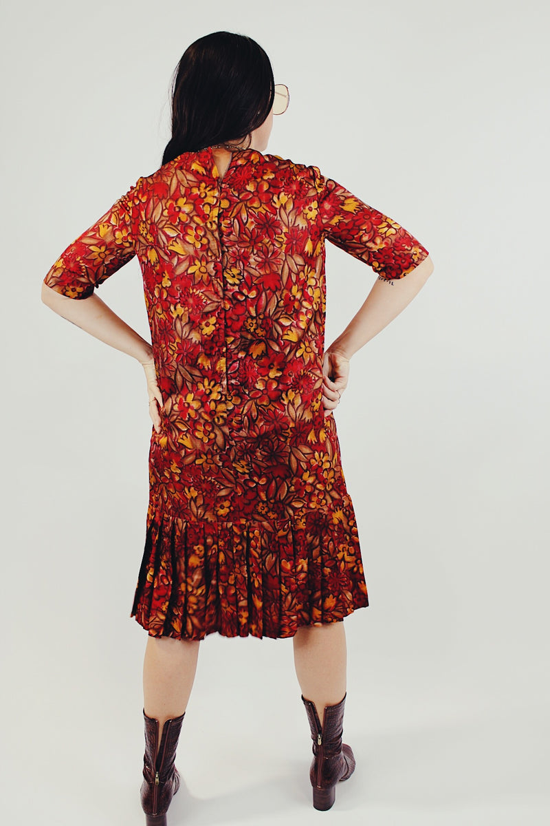 Vintage red and yellow floral printed drop waist dress back