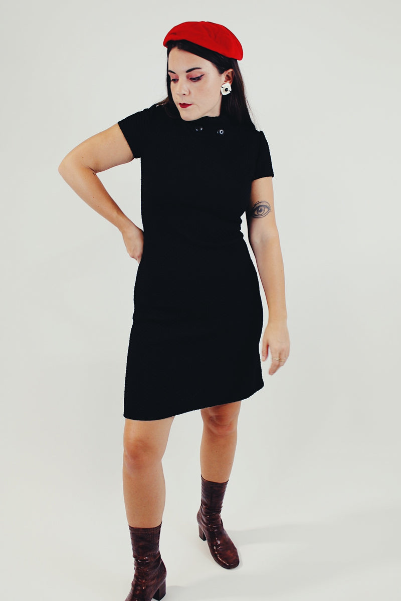 vintage short sleeve little black dress with mock neck front