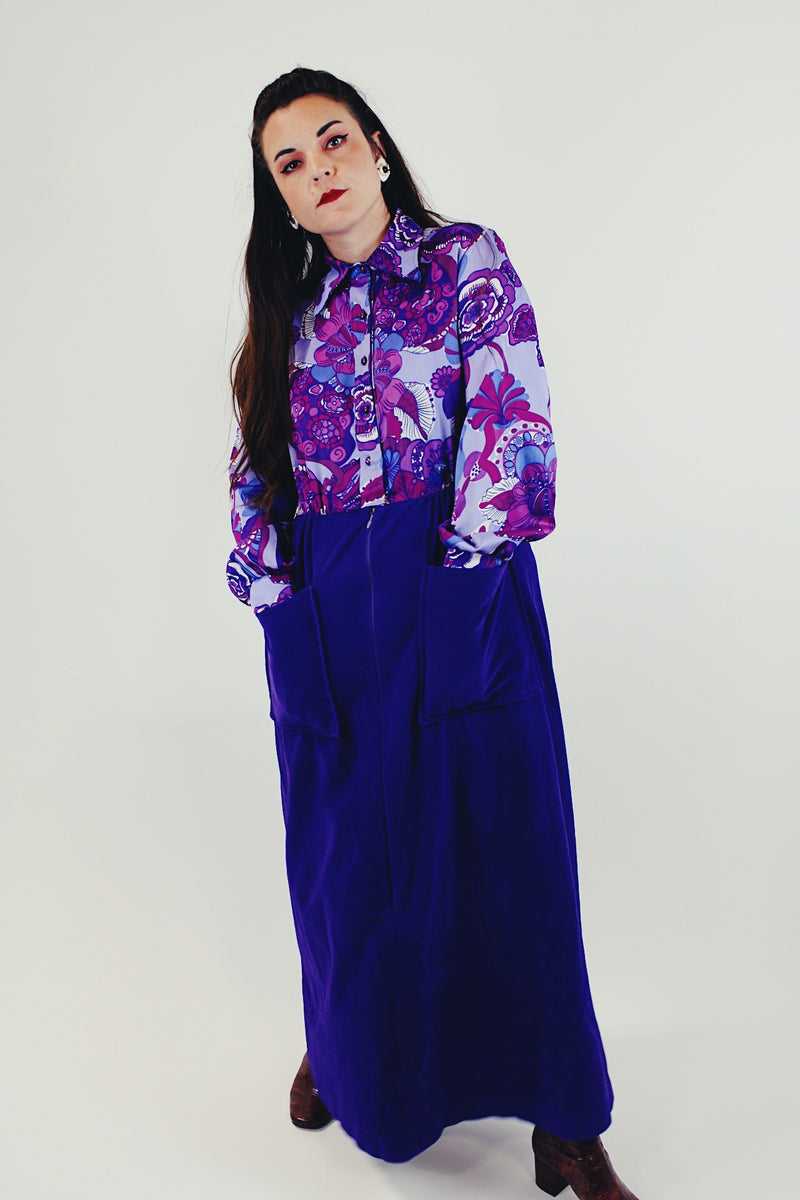 Vintage Long Sleeve Maxi Length dress twofer purple psychedelic print front