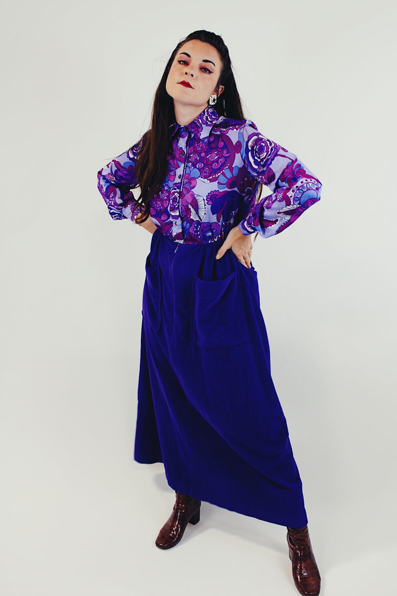 Vintage Long Sleeve Maxi Length dress twofer purple psychedelic print side