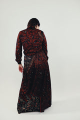 vintage brown printed set includes long sleeve cropped top with mock neck and pleated maxi skirt back