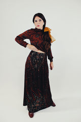 vintage brown printed set includes long sleeve cropped top with mock neck and pleated maxi skirt side