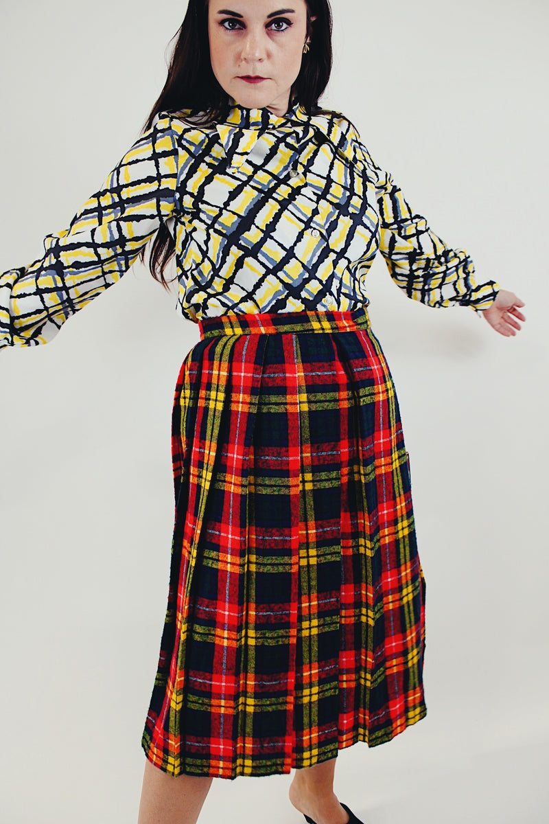 vintage high waist wool wrap skirt with green yellow and red plaid print and pin front