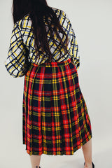 vintage high waist wool wrap skirt with green yellow and red plaid print and pin back