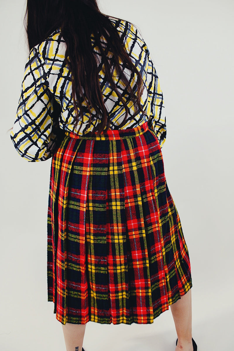vintage high waist wool wrap skirt with green yellow and red plaid print and pin back
