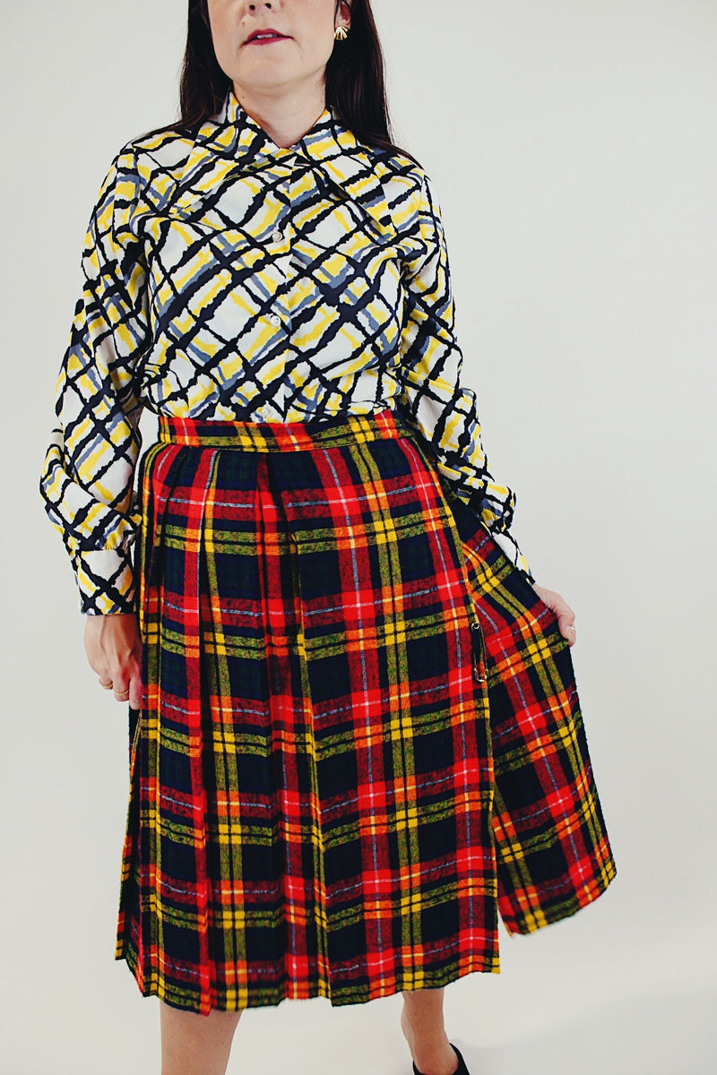 vintage high waist wool wrap skirt with green yellow and red plaid print and pin front