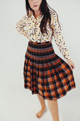 vintage high waist plaid skirt with plaid print in brown orange and yellow with pleats front 