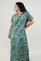 vintage blue and green maxi dress short sleeves with lace looking fabric side