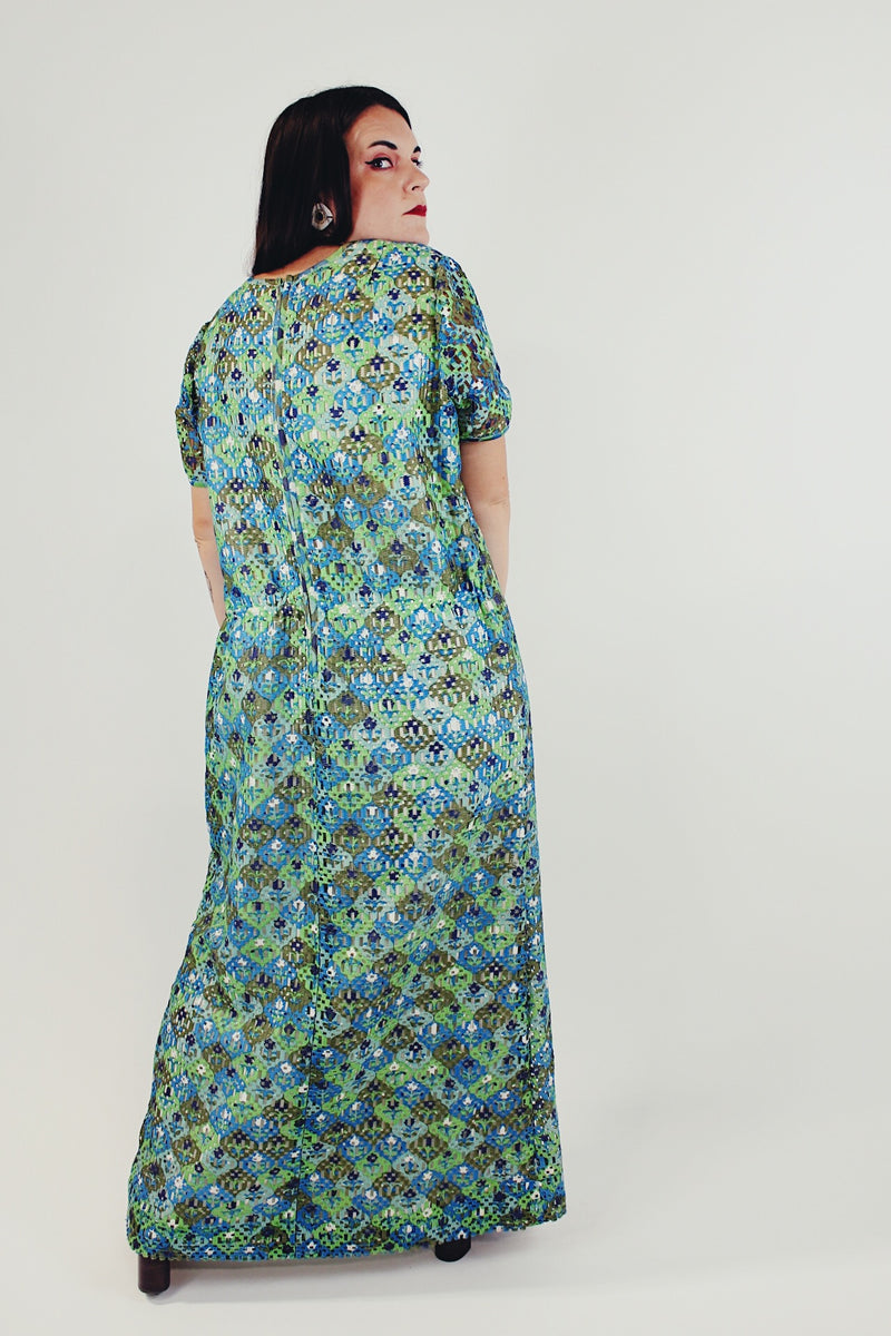 vintage blue and green maxi dress short sleeves with lace looking fabric back