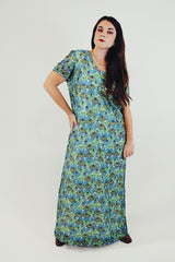 vintage blue and green maxi dress short sleeves with lace looking fabric side