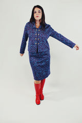 Vintage blue and red chevron printed jacket and skirt set front