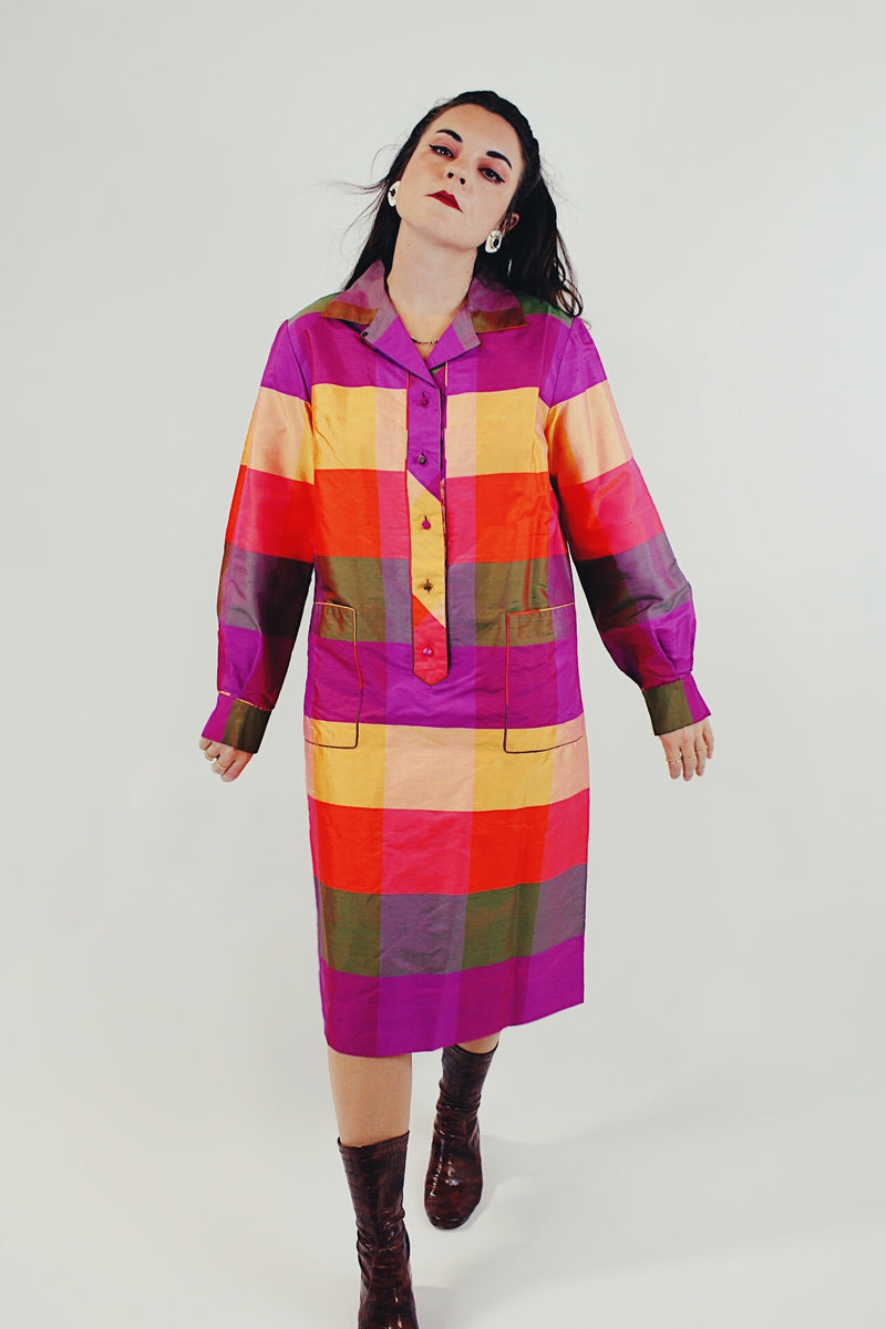 vintage long sleeve silk striped shift dress with collar and half button closure in bright purple red and yellow striped pattern front