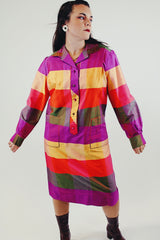 vintage long sleeve silk striped shift dress with collar and half button closure in bright purple red and yellow striped pattern front