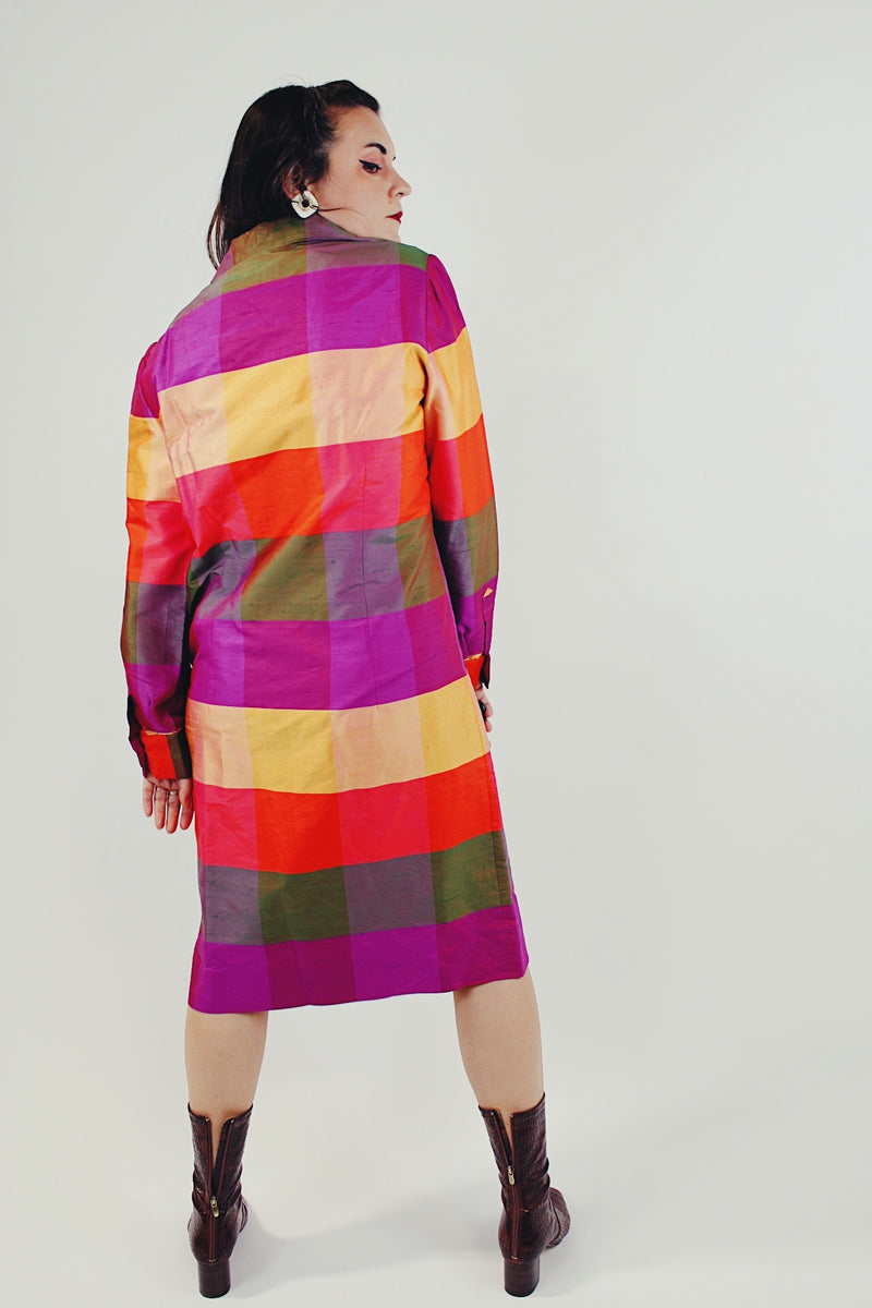 vintage long sleeve silk striped shift dress with collar and half button closure in bright purple red and yellow striped pattern back