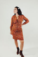 Long Sleeve orange and maroon paisley printed mini button up dress front
