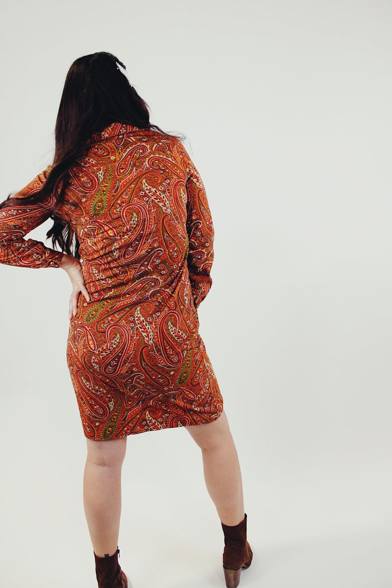 Long Sleeve orange and maroon paisley printed mini button up dress back